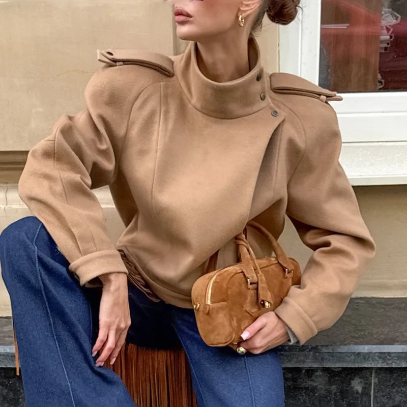 Womens Biker Style Wool Blend Jacket High Stand Collar Windproof Wrinkle Resistant Draped Long Sleeve Fall Winter 2026 New Chic