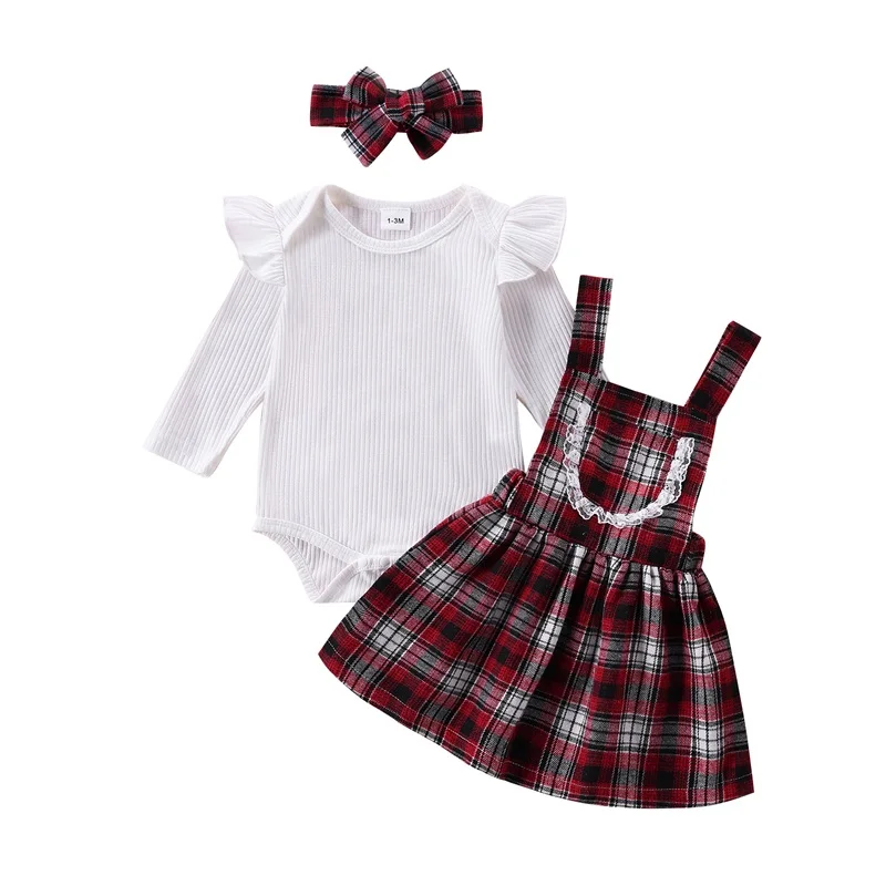 

Baby Girls Fall Outfit Long Sleeve Romper and Plaid Print Suspender Skirt Cute Headband 3 Piece Clothes