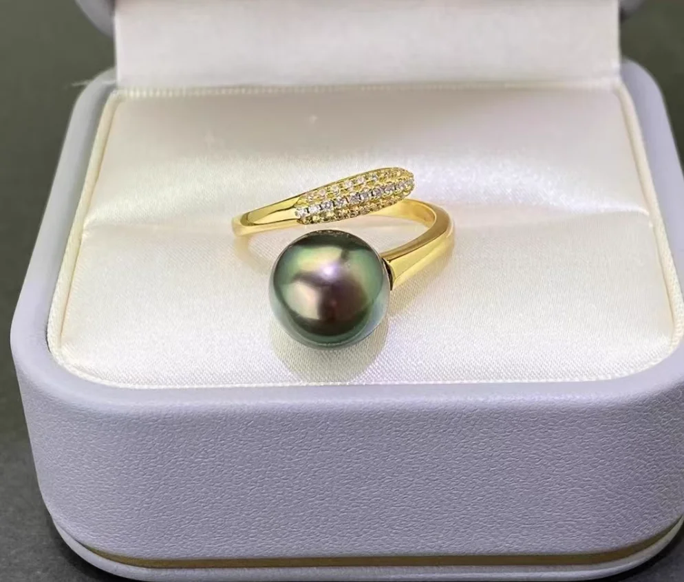 ضخمة AAAA 11-12 ملم جولة الطبيعية جنوب البحر خاتم اللؤلؤ الأسود 925S