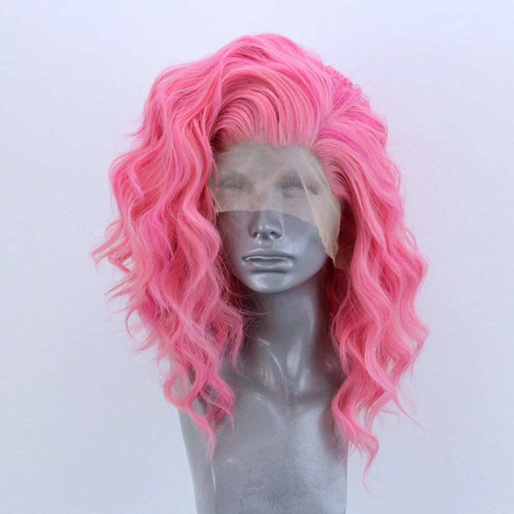 FANXITION 12inch Pink Wig Synthetic Lace Front Wigs for Women Loose Wave Pink Hair Synthetic Wig Free Part Cosplay Wigs Used