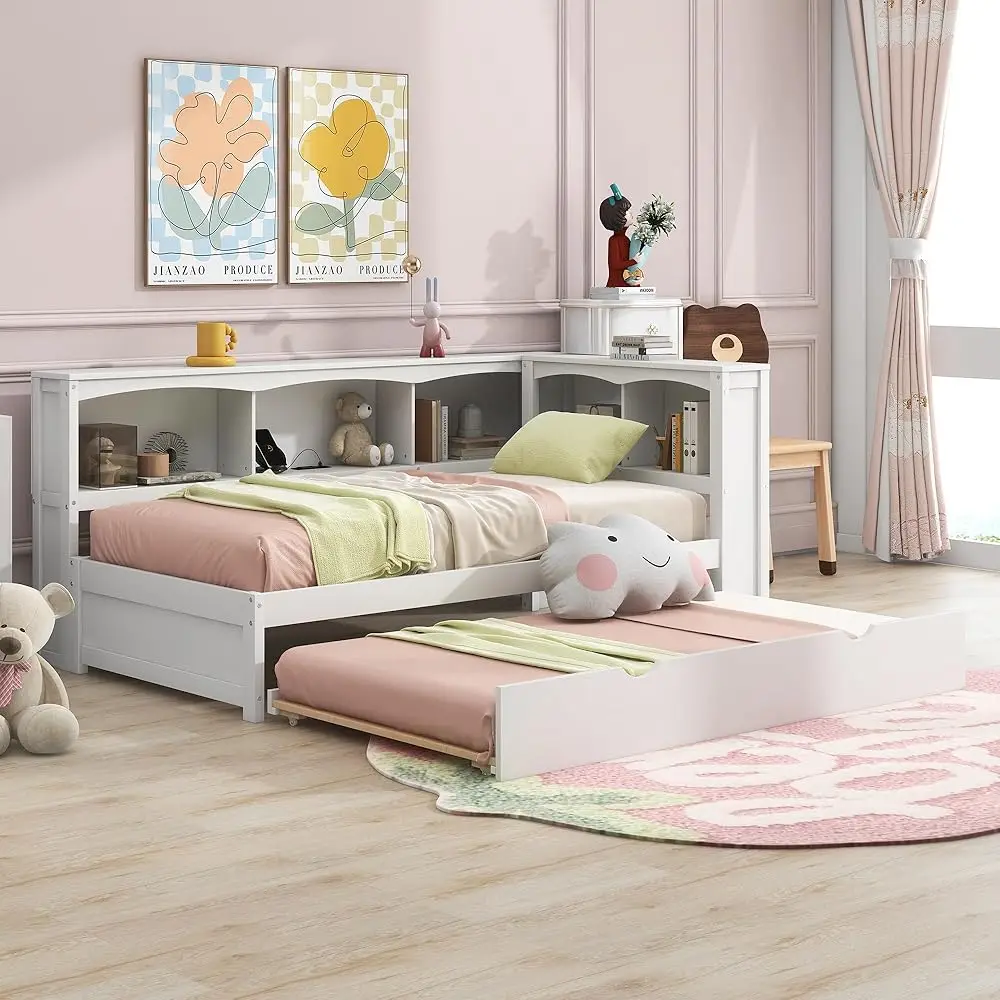 

Twin Size Daybed With Trundle,Wooden Day Bed Frame With Cabinets And Usb Ports, L Shaped Trundle Bed,No Box Spring Needed, Easy