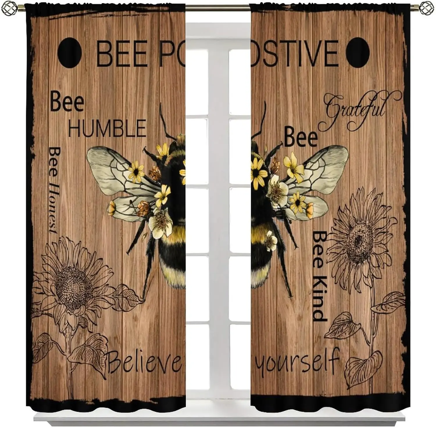 Farmhouse Boho Bee Floral Curtain 2pcs Pair Nature Quote Drapes Inspirational Sunflower Window Decor