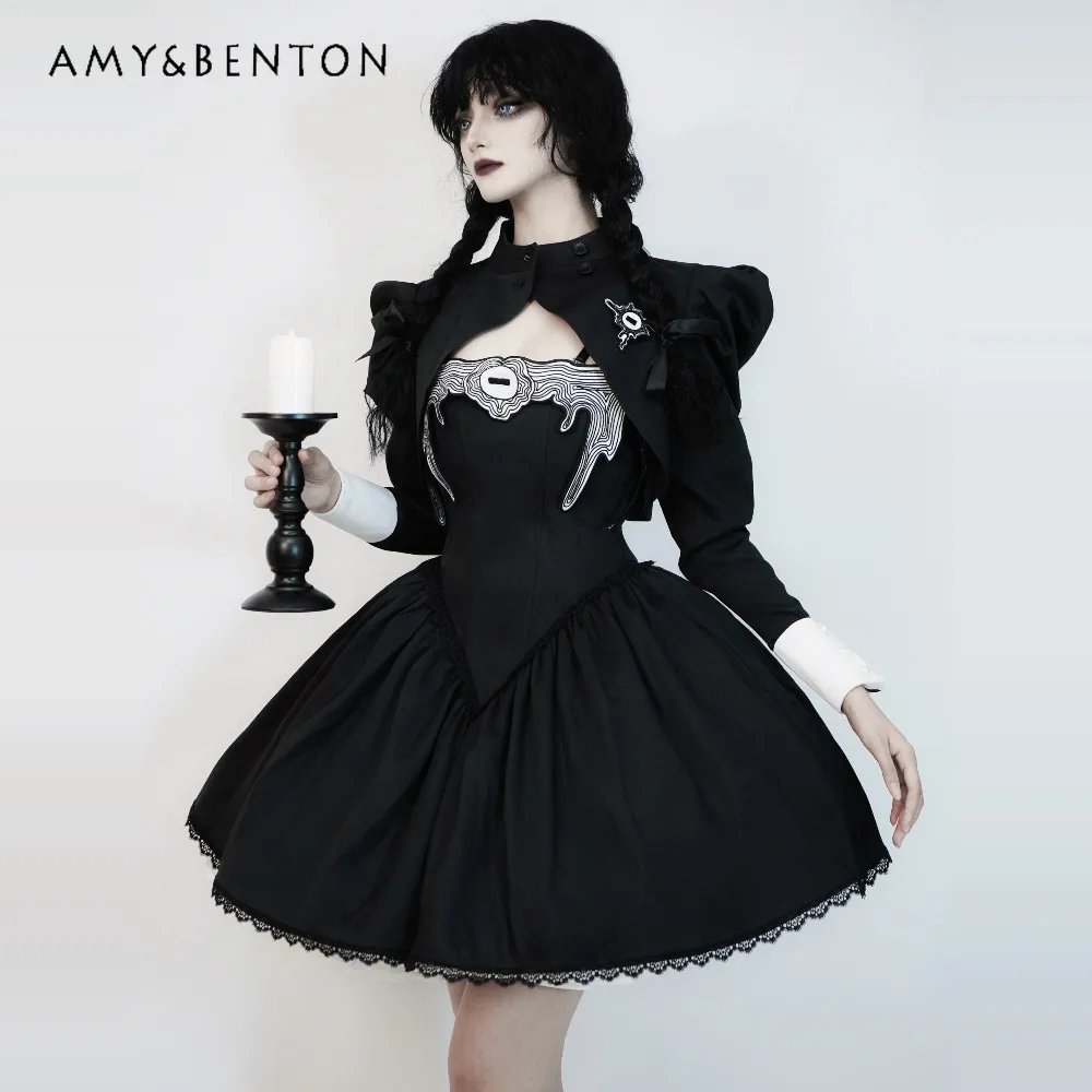 

Платье JSK в готическом стиле с принтом, в стиле Dark Girl, с лоскутным узором, на тонких бретелях, с пышными рукавами, для женщин, в стиле панк, мини-платье в стиле Лолита