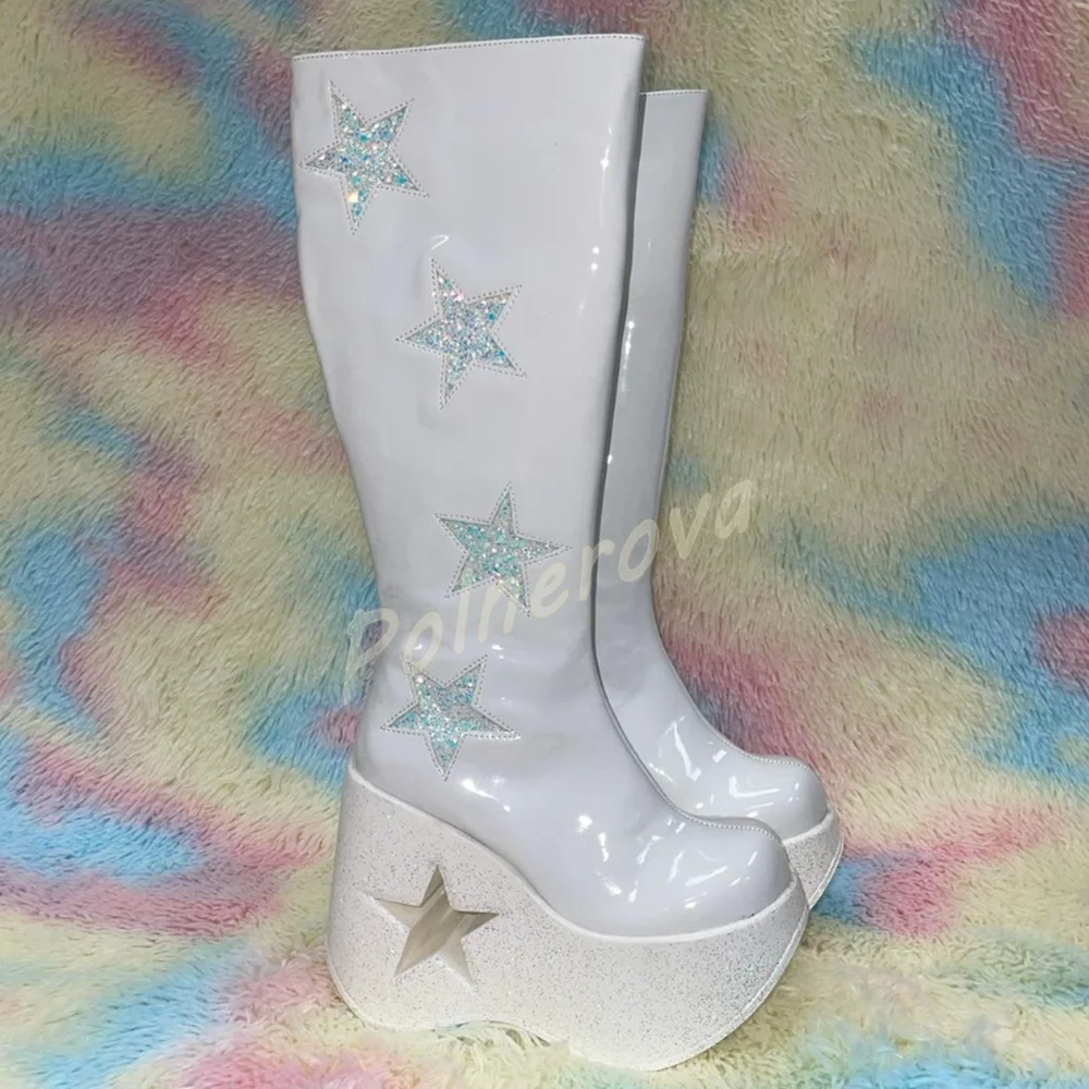 Y2K Bling Star Cutout Boots Platform Glitter Star Patent Leather Side Zip Platform Knee High Boots High Heel Party Women Shoes
