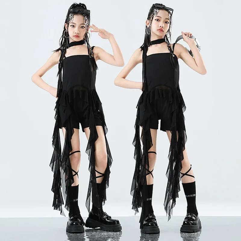 

Kid Jazz Dance Stage Outfit Kpop Performance Stage Wear Girl Black Tops Shorts Fashion Runways Show Clothing Streetwear