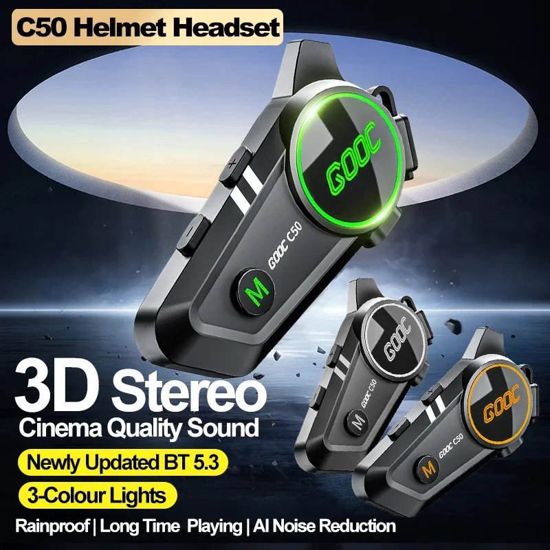 C50 Motorcycle Helmet Bluetooth Headset Wireless Waterproof Handsfree Call Music V5.3 Earphone Rider Moto Color Light Headphone