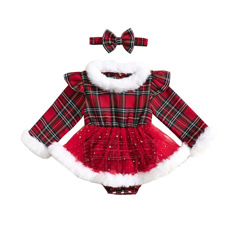 

2-Piece Baby Girls Plaid Set Terry Trim Sequins Mesh Dress Long Sleeve Ruffled Romper Bow Headband Adorable Outfits