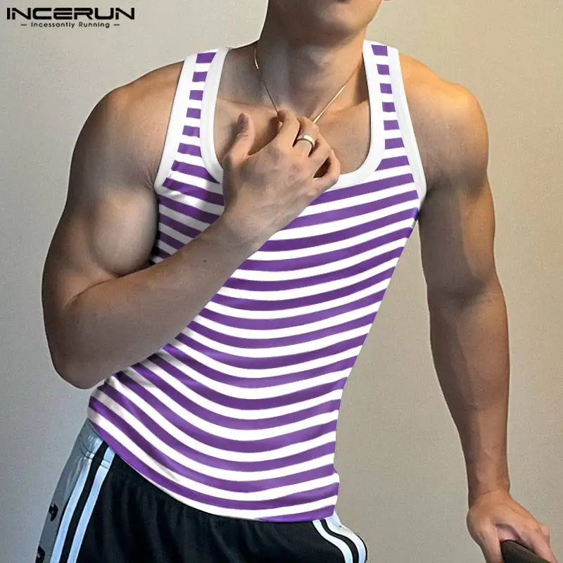 INCERUN Men\'s Striped Tank Tops Square Collar Sleeveless Fitness Summer Male Vests Streetwear 2024 Fashion Casual Men Clothing