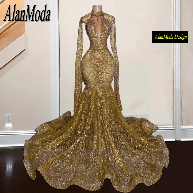 Sparkly Gold Mermaid Prom Dress with Cape Cloak Crystal Beaded Sequins Glitter Mesh Red Carpet Party Gown For Women