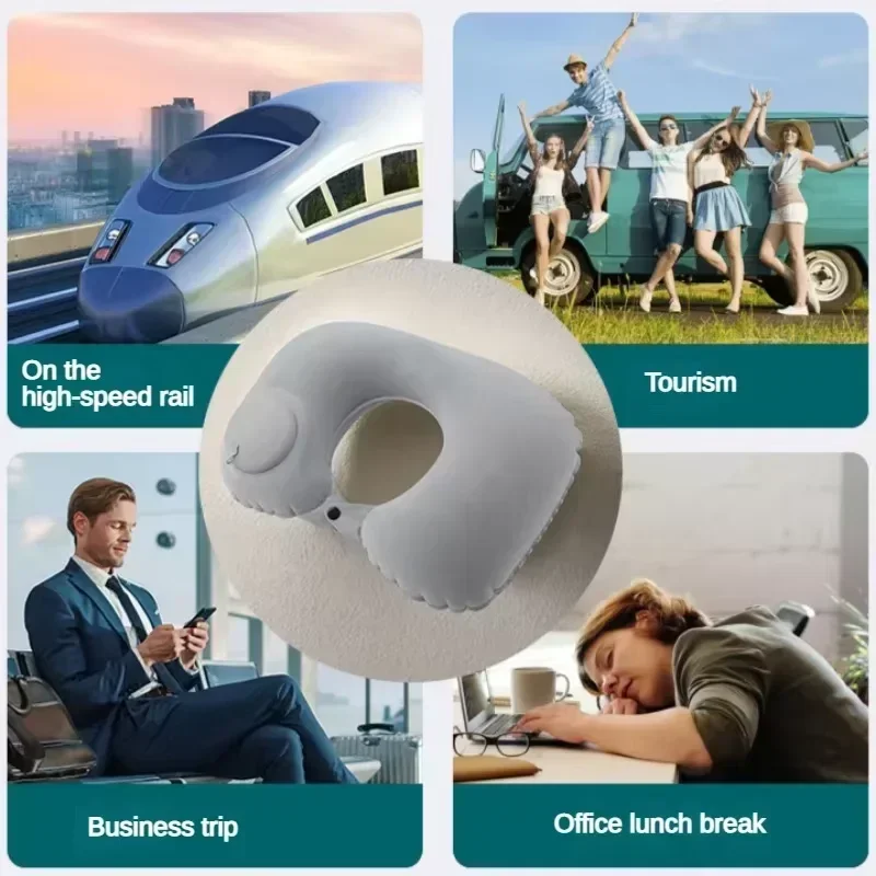 Adjustable Inflatable Neck Pillow UShaped Travel Soft Neck Pillow Flocked Fabric Air Pillow Travel Pillows for Car Planes Travel