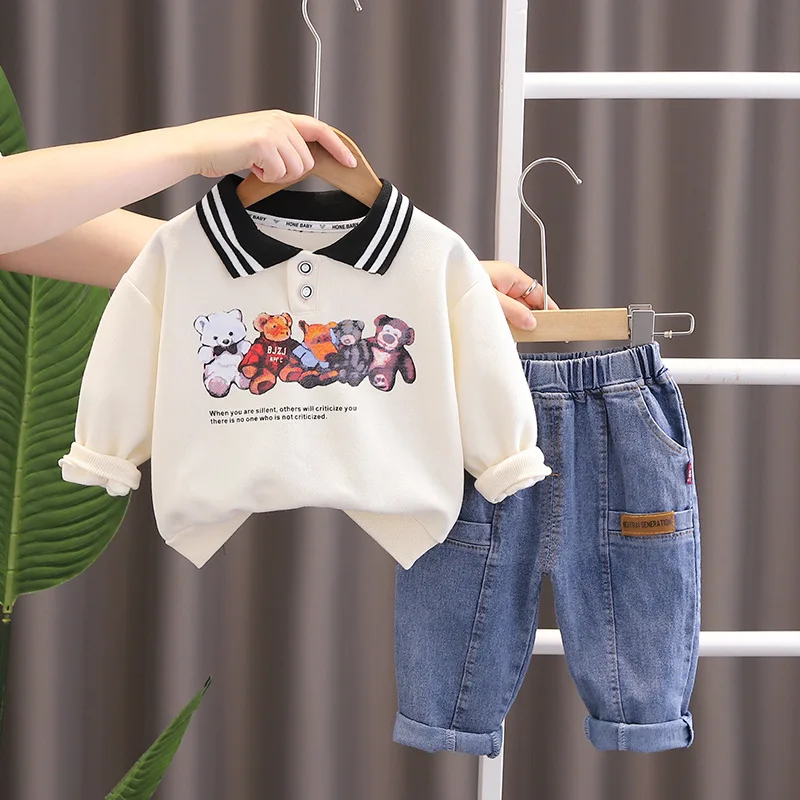 Korean Baby Boy Clothes 2023 Fall Cartoon Bear Turn-down Collar Long Sleeve Sweatshirts and Jeans Childrens Suit Toddler Outfits