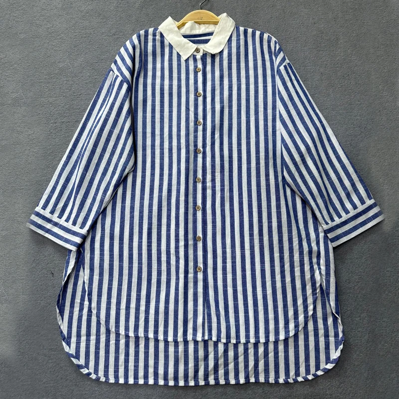 

Johnature Casual Long Contrast Striped Long-sleeved Shirts Women New Cotton Irregular Turn-down Collar Shirt Autumn 2024