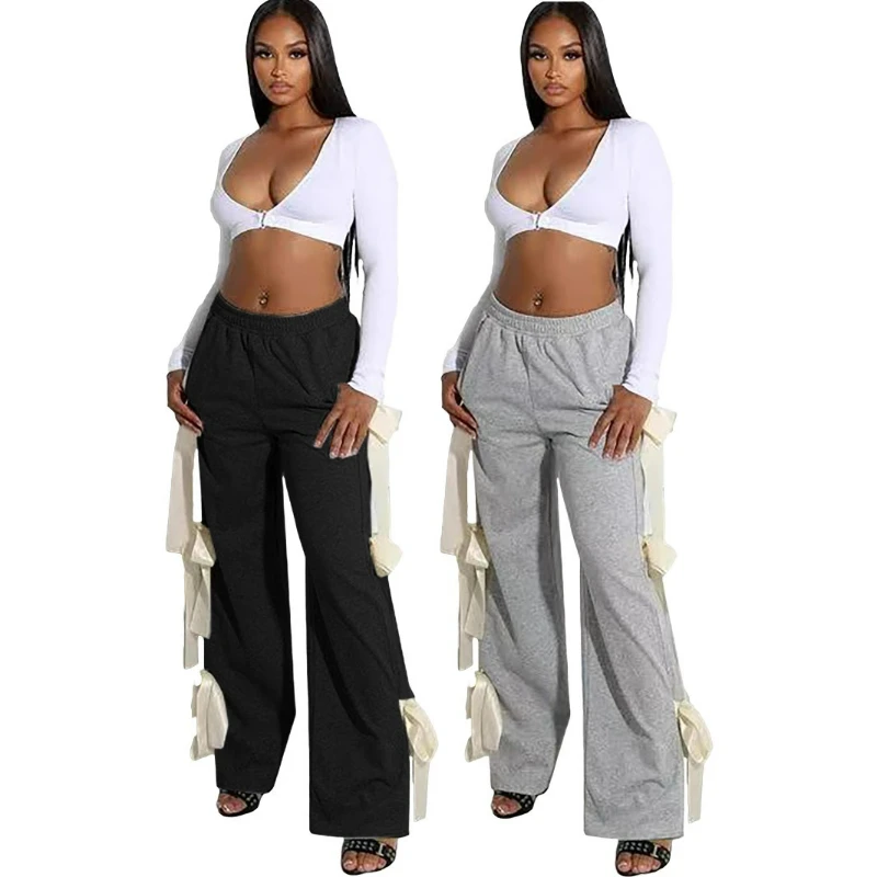 

Long Pant Women Patchwork Bandage Bow Pants Straight Spliced Elastic Waist Capris Trousers Sporty Casual Jogger Autumn 2025