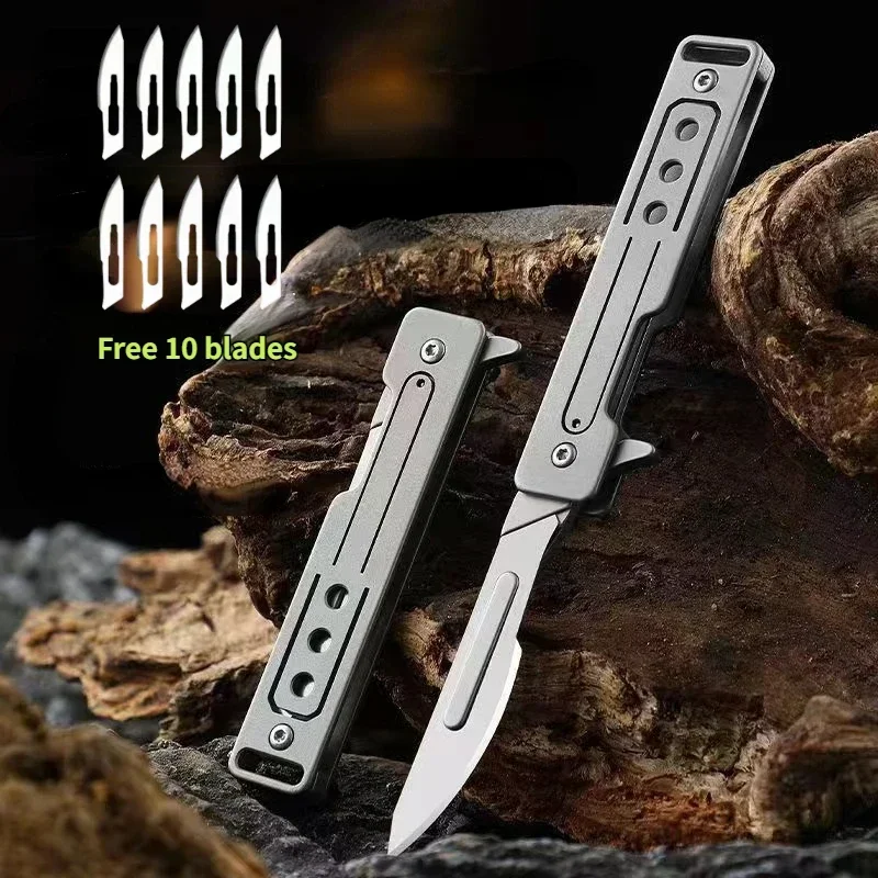 Titanium Alloy Scalpel Fast Open Folding Knife EDC Unpacking Pocket Knife Outdoor Camping Knife with 10pcs Replaceable Blades