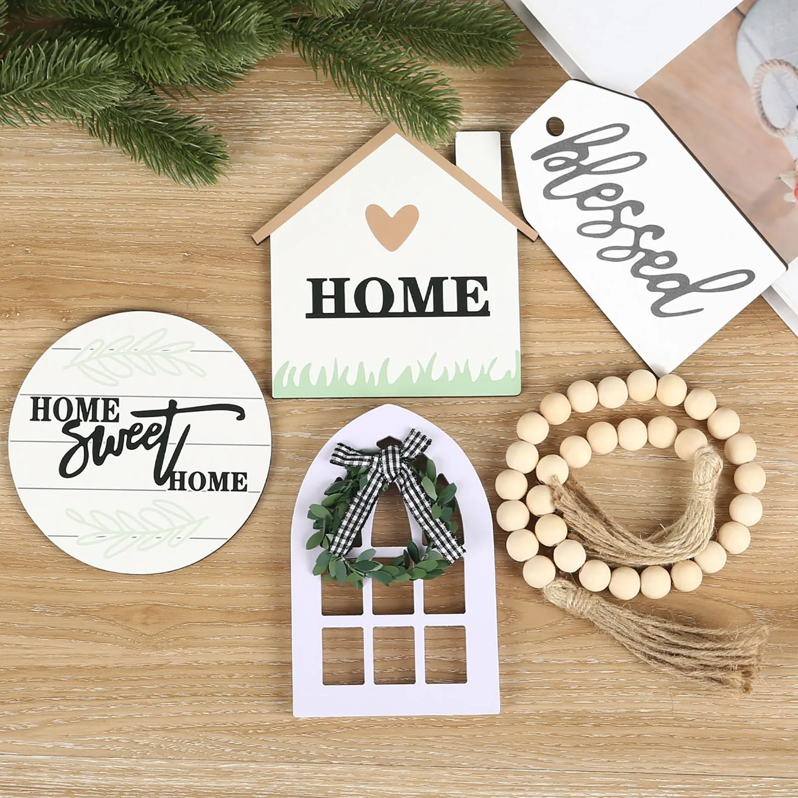 Farmhouse Tiered Tray Decor Set Home Wooden Sign Rustic Family Gather Blessed Happy Place Sign For Home Kitchen Table Shelf
