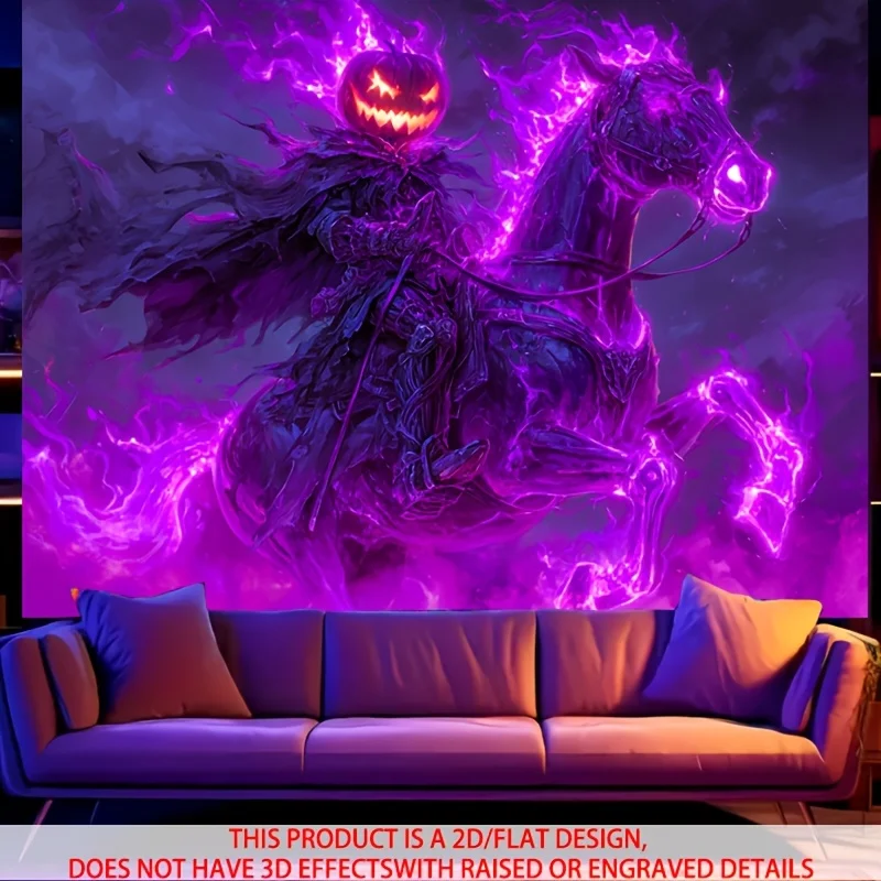 VIKAMA Halloween Kürbis Ritter Wandteppich Lila Flammen Wohnzimmer Feature Wand Thema Wandbehang Party Esports Raumdekoration