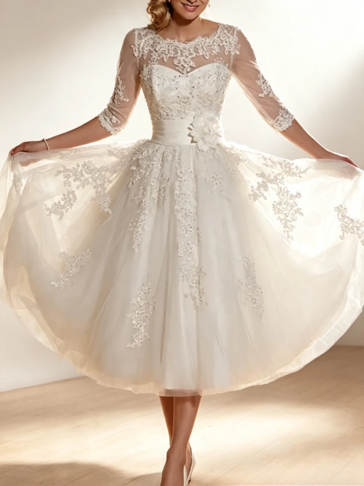 Vintage Tea Length Wedding Dress Illusion Lace 3/4 Sleeves Appliqued Sash With Flower Short Bridal  Vestido De Novia For Women