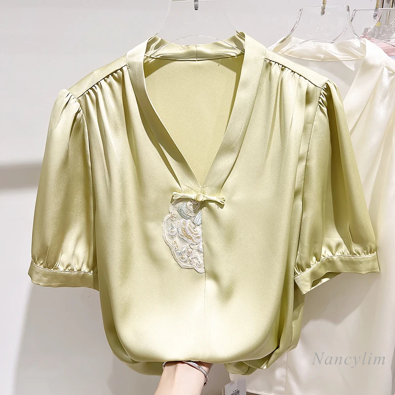 

2024 New Elegant Slimming V-Neckline Chinese Knot Button Embroidery Short-Sleeved Chiffon Shirt Women's Summer Pullover Blouse