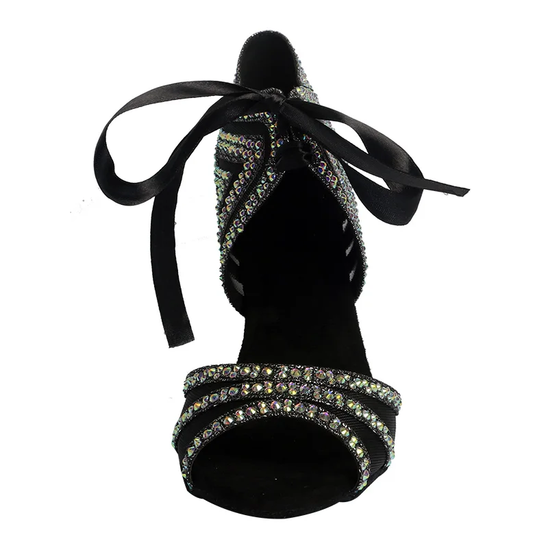 Wedopus Mary Jane talon bloc chaussures de soirée de danse paillettes avec cristaux semelle en daim talons de danse de salon Peep Toe ruban cravate 7CM