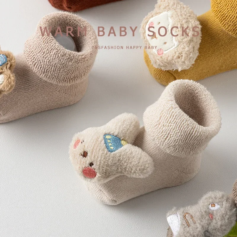 1 Pair Warm Terry Newborn Sock for Boy Girl Sweet Cartoon Animal Calf Sock for Toddler Autumn Winter Indoor Non-slip Floor Sock