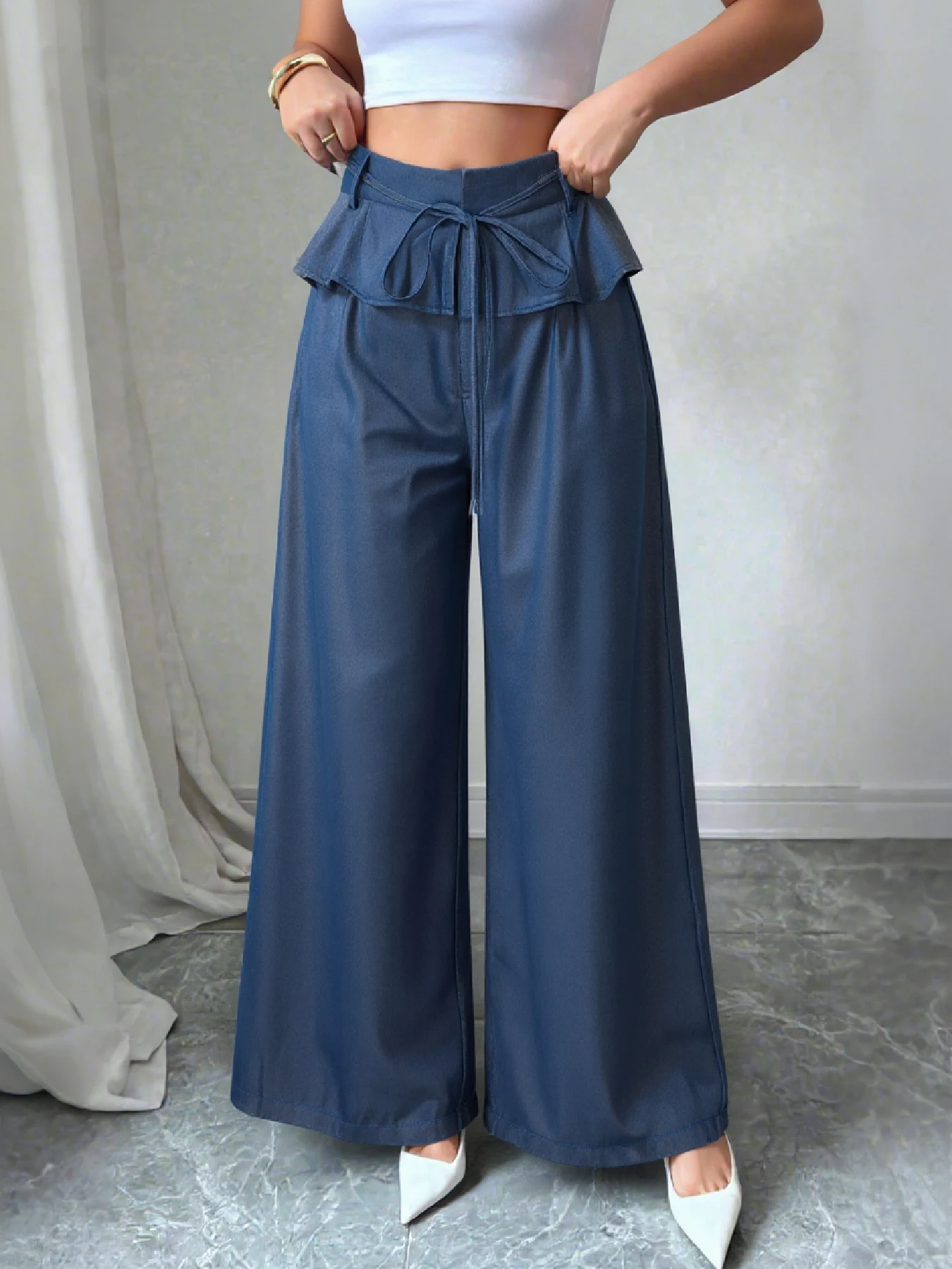 Elegant Fashion Wide Leg Pants For Women Spring Summer New Style Lotus Waistband Trousers Tie Design Office Commute Wear