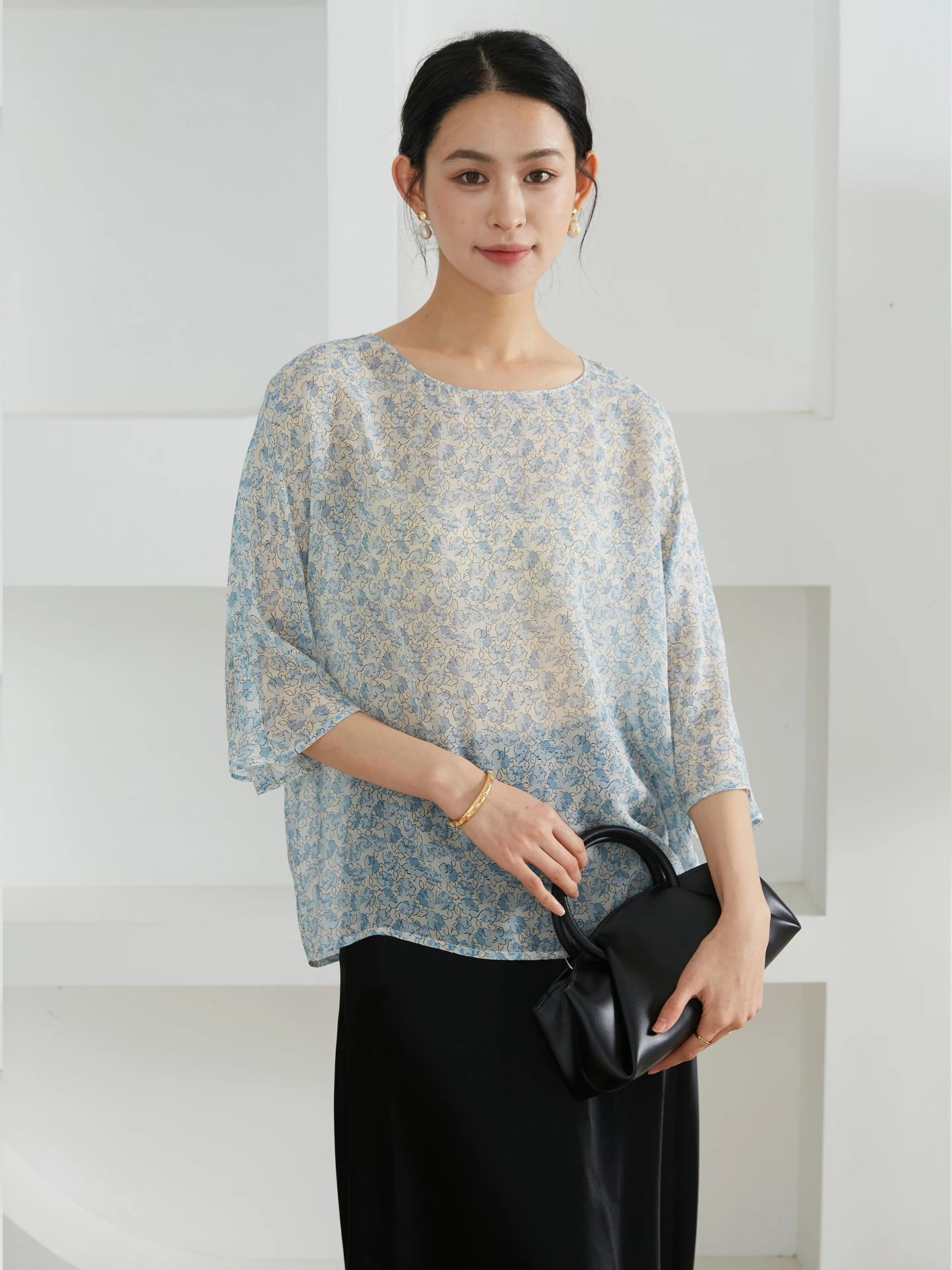 

Silk Georgette round Ne Batwing Sve Printed Top Women's Loose Slimming ort Sve irt Original Design Straight Cut