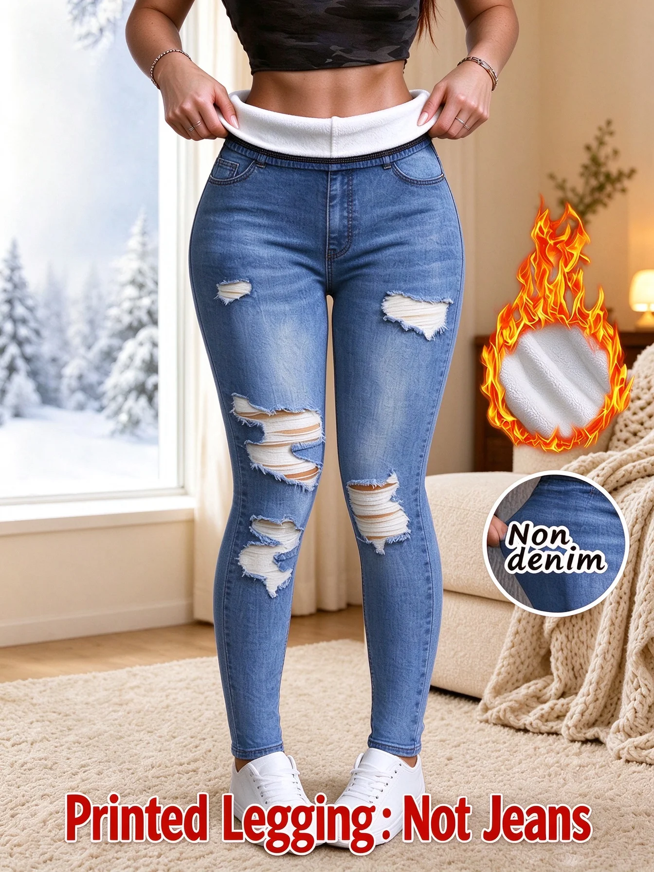 Women Printed Leggings Not Denim Fabric, Fake Pocket & Button Print Design Pants, High Elastic Fashion Slim Fit Skinny Casual