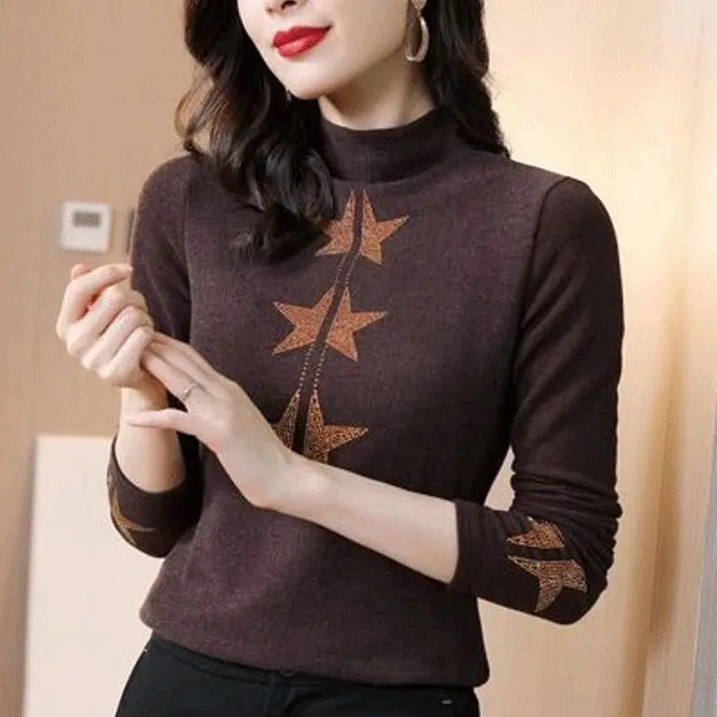 Autumn Winter New Half High Collar Long Sleeve Fashion Sweater Women High Street Printing Pullovers Elegant Thick Warm Chic Top