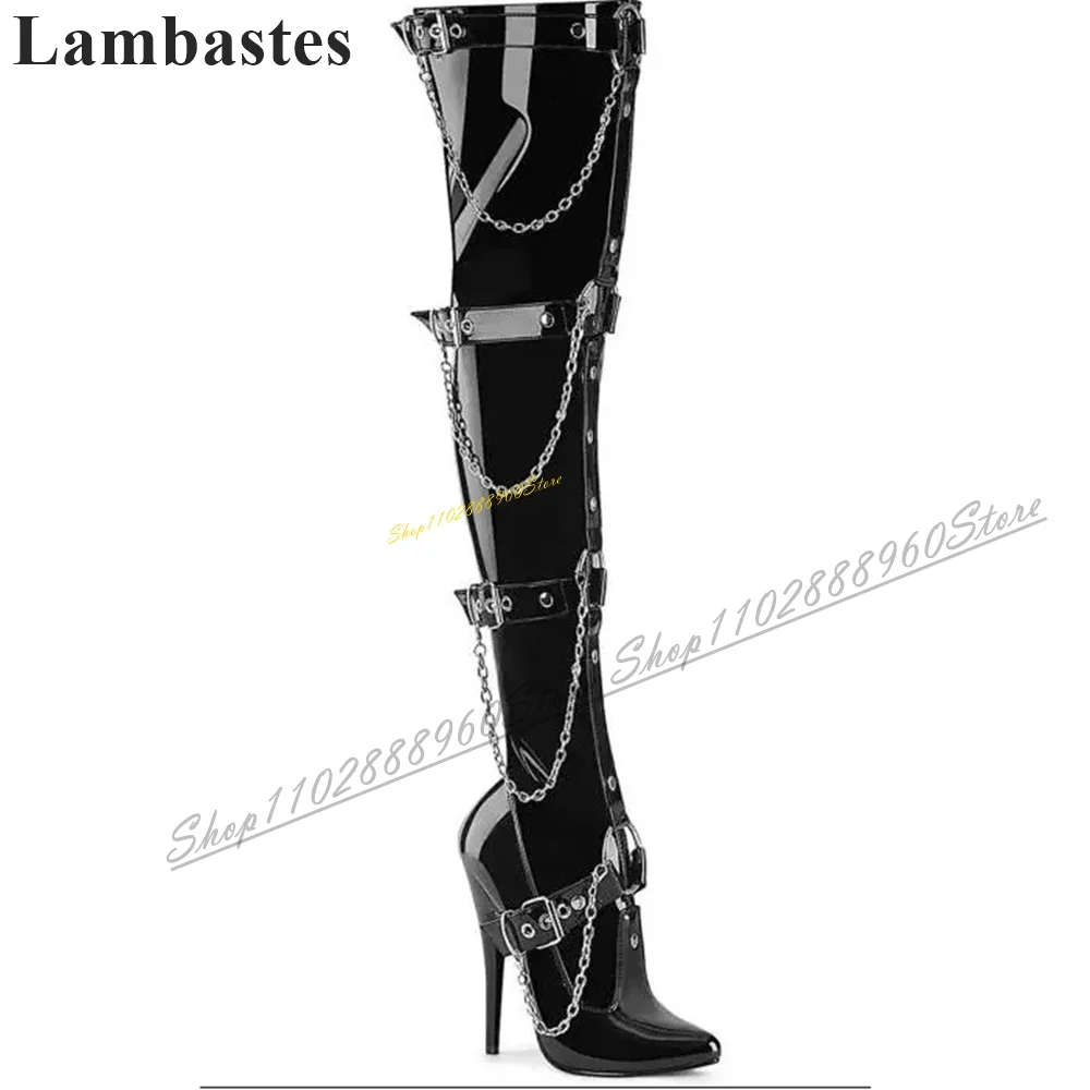 

Thigh High Black Soft Leather Buckle Strap Chain Boots Thin High Heel Women Shoes Side Zipper Pointed Toe 2024 Zapatillas Mujer