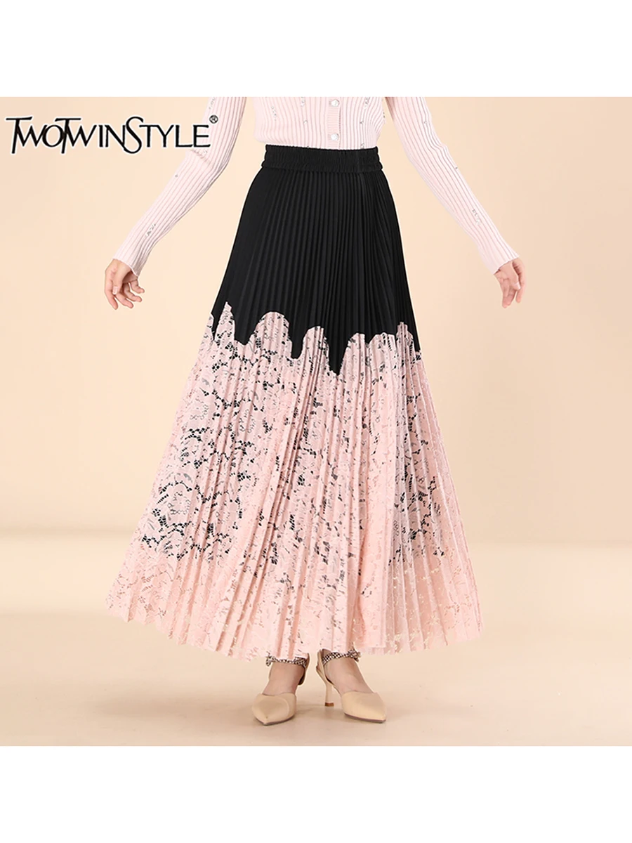 TWOTWINSTYLE Hit Color Cut Out Fashion Skirt For Women High Waist Elastic Waist High Street Embroidery Loose Skirt Female New