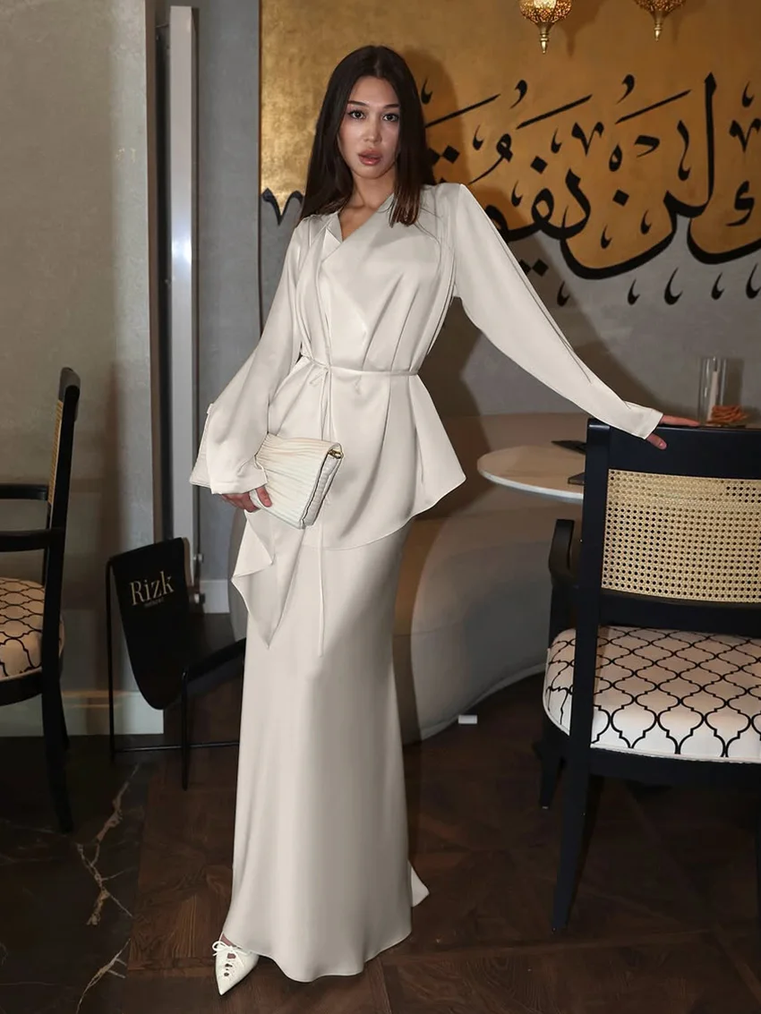 

Marthaqiqi Winter Women Sleepwear Set Long Sleeve Robe V-Neck Pajama Lace Up Nightgown Long Skirts Ladies Nightwear 2 Piece Suit