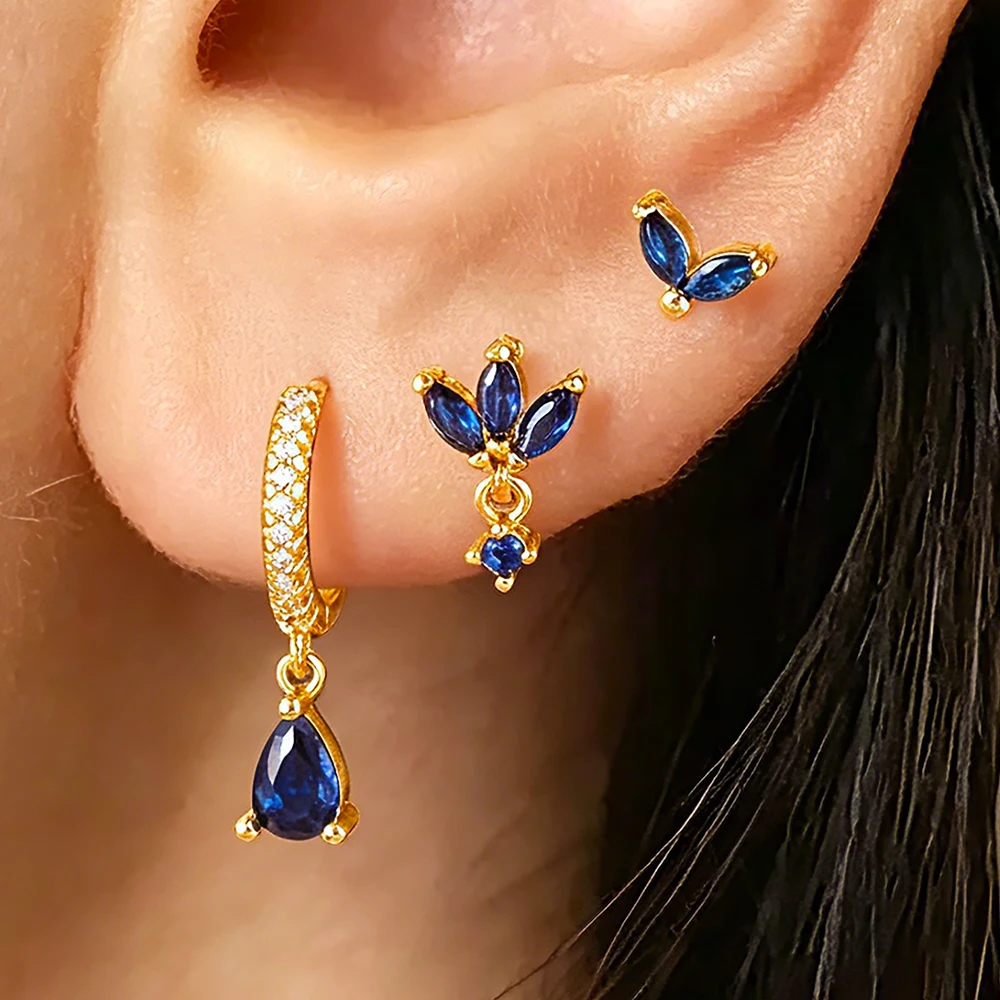3PCS/6PCS Fashion Flower Leaf Stud Earring Set for Women Trendy 14K Gold Plated Horse-Eye Zircon Dangle Earring Piercing Jewelry