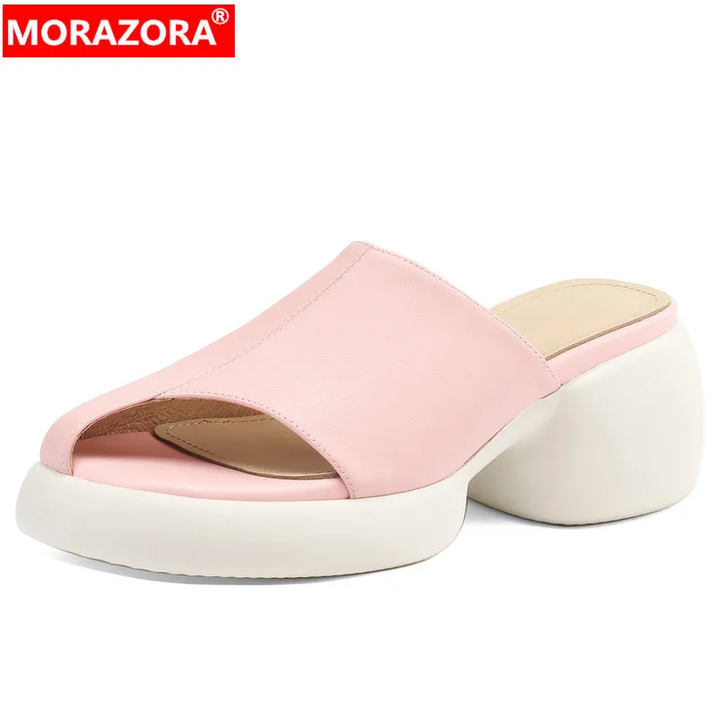 

MORAZORA New Street Style Ladies Casual Shoes Genuine Leather Platform Women Slippers 2024 Square High Heels Summer Slippers