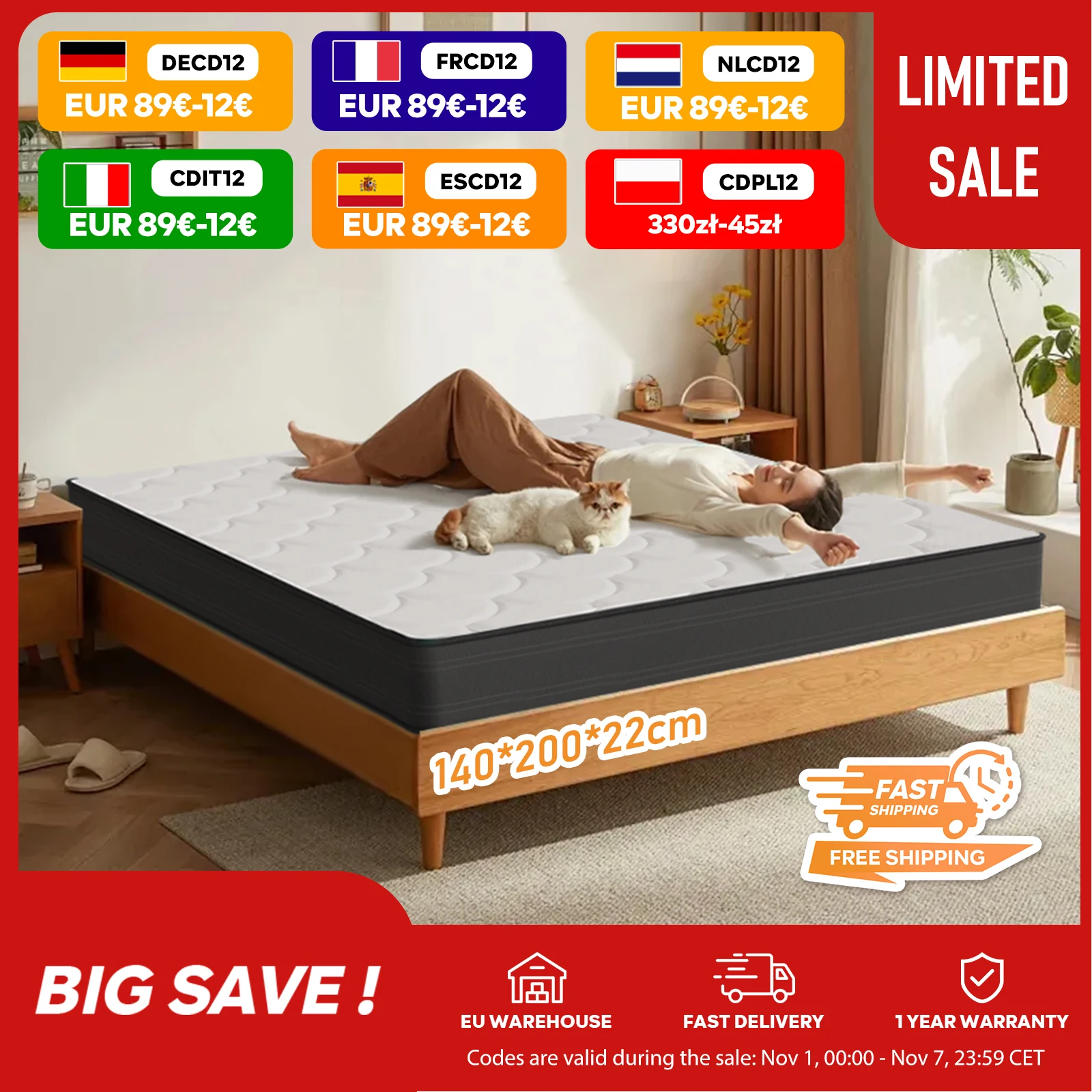 Materasso con anima a molle insacchettate 140*200*22 cm - materasso a 7 zone con schiuma comfort e supporto stabile