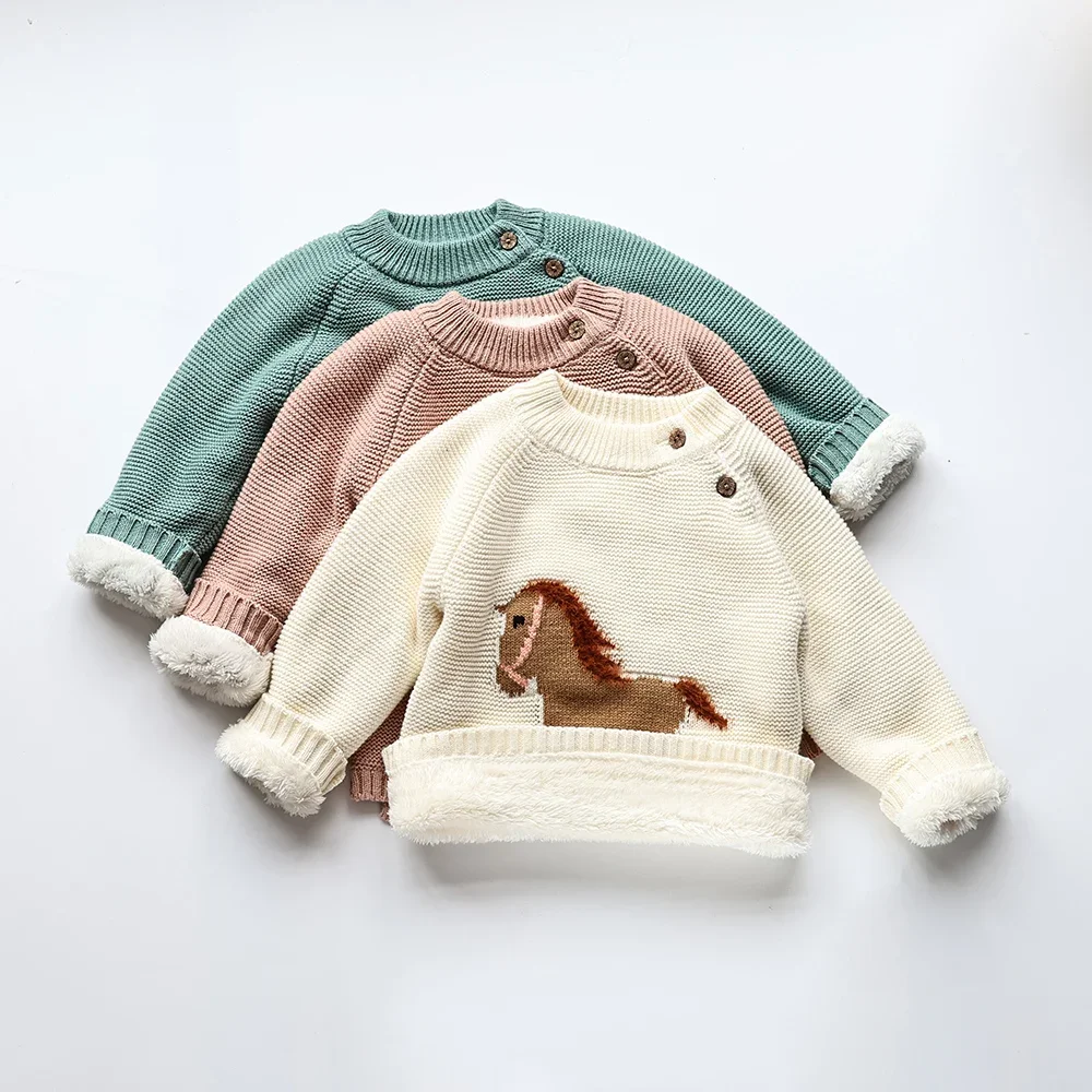 

Winter New Cartoon Kids Baby Sweaters Fur Lining Kids Knitwear Fleece Boys Pullover Coat E3639