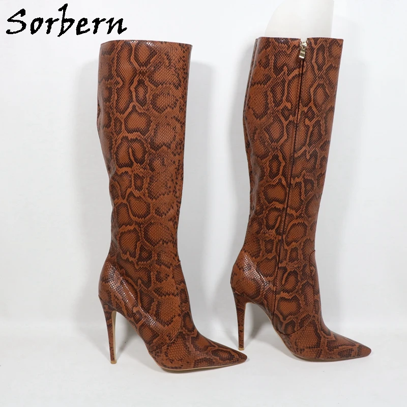 Sorbern Brown Python Knee High Women Boots Wide Ankle Strap Plush For Winter Ladies Boots Custom Shaft Length #5