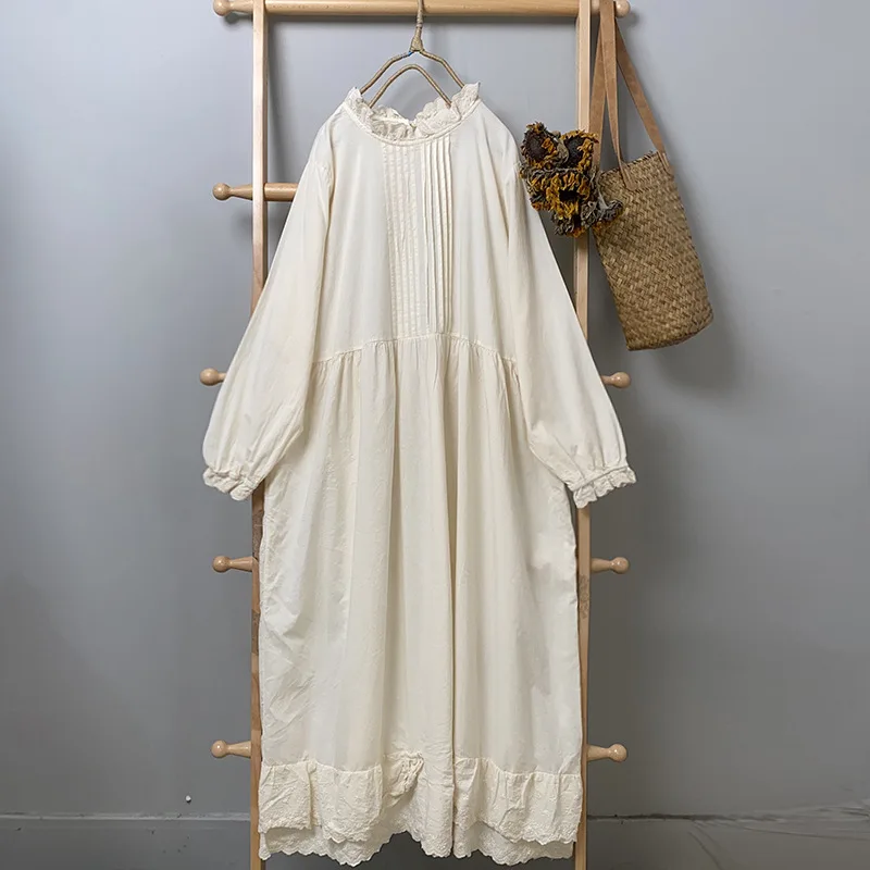 Mori Girl Vintage Cotton Linen Ruffled Collar Long-sleeved Dress Loose Casual Slightly Transparent Bottoming Women Long Dresses