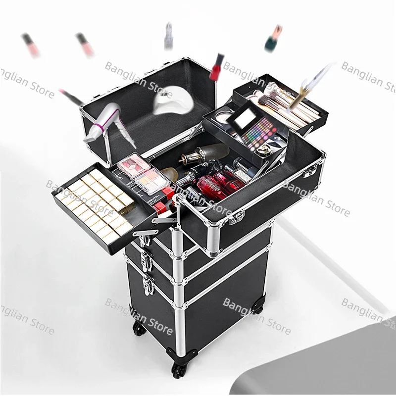 Zdejmowane wielowarstwowe pudełko do makijażu, duża pojemność, przechowywanie tatuaży na paznokcie, uniwersalna skrzynka narzędziowa na kółkach, dźwignia ciągniona