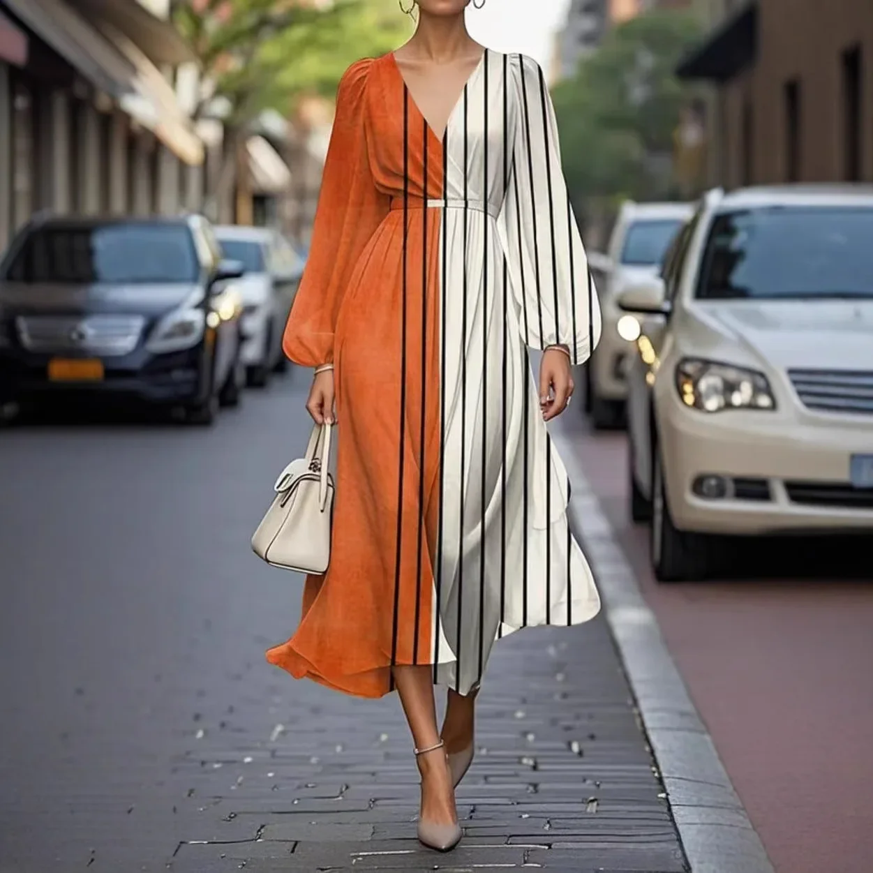 Printemps été nouveau Sexy décontracté femmes imprimé fleuri robe col haut femme manches longues genou longueur croix robes