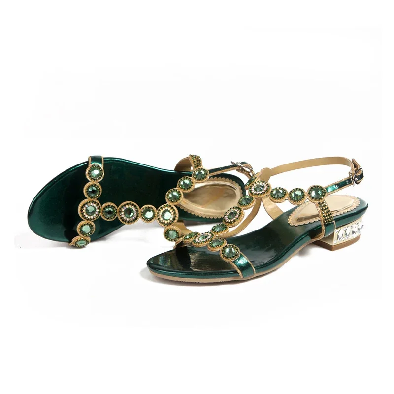 YAERNI  Women Green Rhinestone Sandals T-strap Square Heel 2.5cm Low-heeled Sandals Party Shoes Back Buckle Big Size34-44