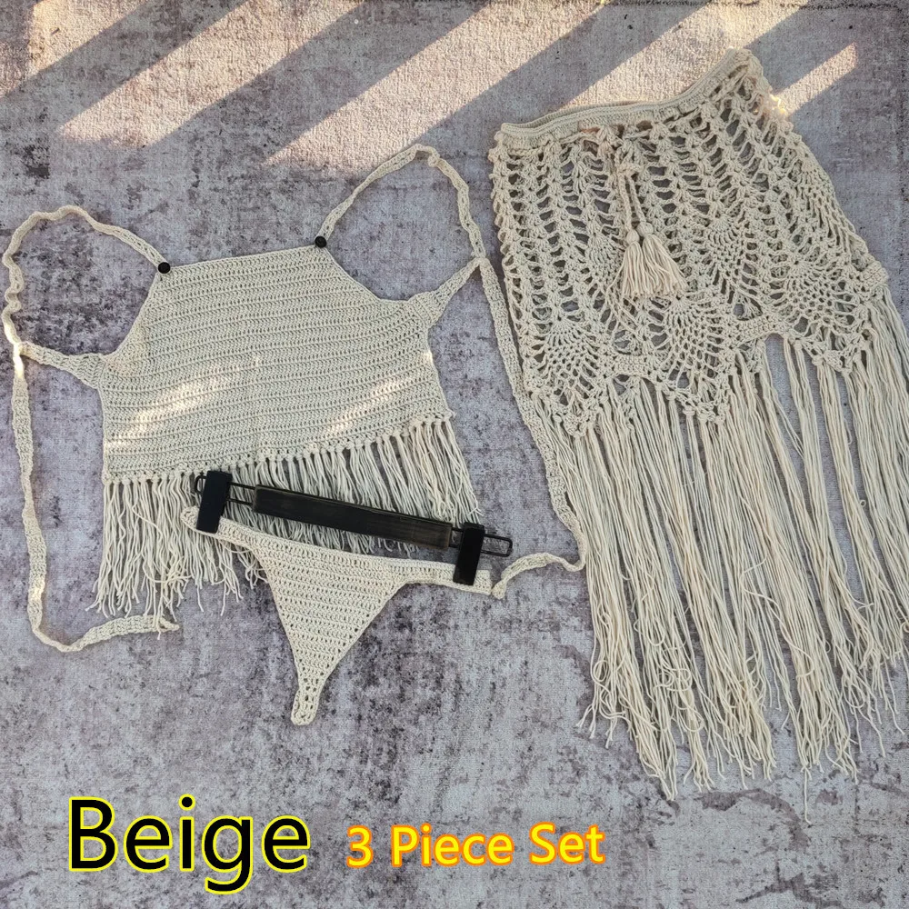 AliExpress ทําด้วยมือ โครเชต์ บิกินี่ ชุดว่ายน้ํา ขอบ ชุดว่ายน้ํา ชุด 3 ชิ้น