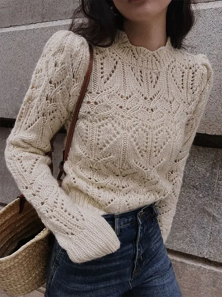 

Hollow Out Crop Pullovers Autumn Winter Sweet Tops Vintage Chic O Neck Jumper 2025 Ropa Mujer Sweater Women Puff Sleeve Knitted