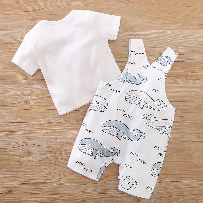 Newborn Clothing Cute Cartoon Whale Cotton Comfortable SummerBoys And Girls 0-18 Short Sleeved T-Shirt+Strap Pants Two Piece Set