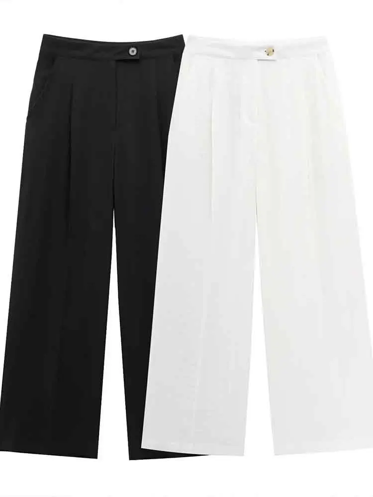 

European style new women's fashion simple versatile temperament solid color twill wide-leg pants trousers
