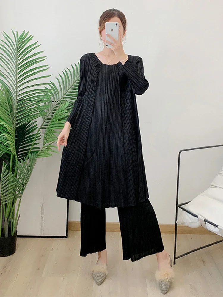 

2025 Summer New Fashion Casual Pleated Set Women Irregular Loose Long Shirt Top Wide Leg Pants 2 Piece Women Elegant Clothing