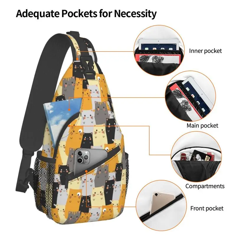 Mochila de hombro con estampado de dibujos animados de gatos para hombre, bandolera de pecho con tirantes, informal, divertida, para senderismo