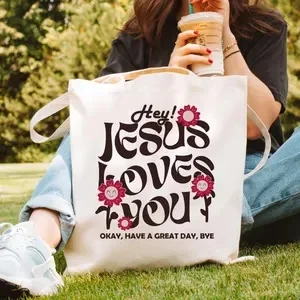 กระเป๋าผ้าแคนวาสลายพระเยซูรักคุณ กระเป๋าช้อปปิ้งแบบใช้ซ้ำได้ทันสมัย เป็นมิตรกับสิ่งแวดล้อม กระเป๋าสะพายไหล่ลำลองสำหรับผู้หญิง