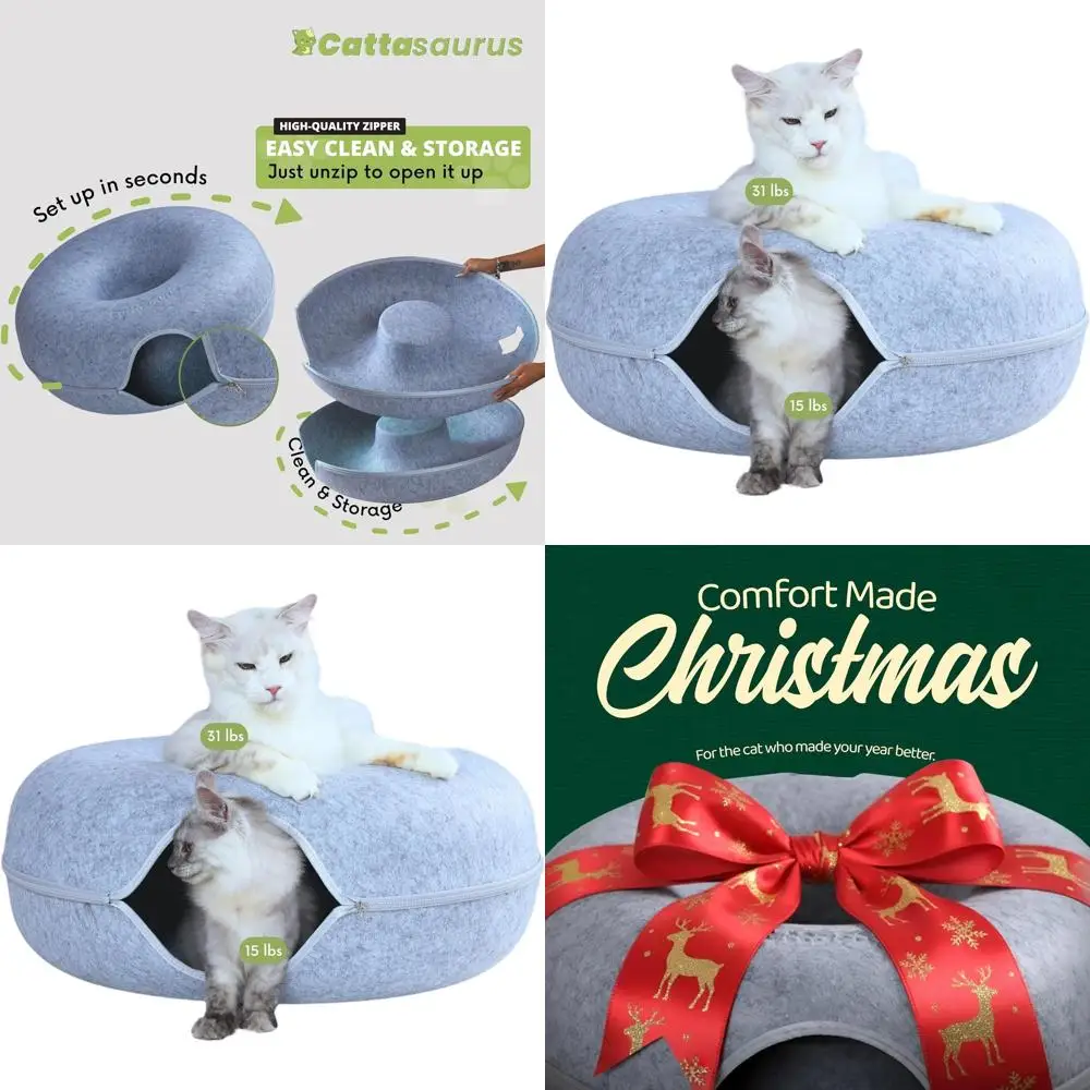 

Jumbo 3-in-1 Self-Warming Cat Bed, Tunnel & Scratcher for Multiple Cats up to 45 lbs, Washable & Detachable Small Dog Bed, Light