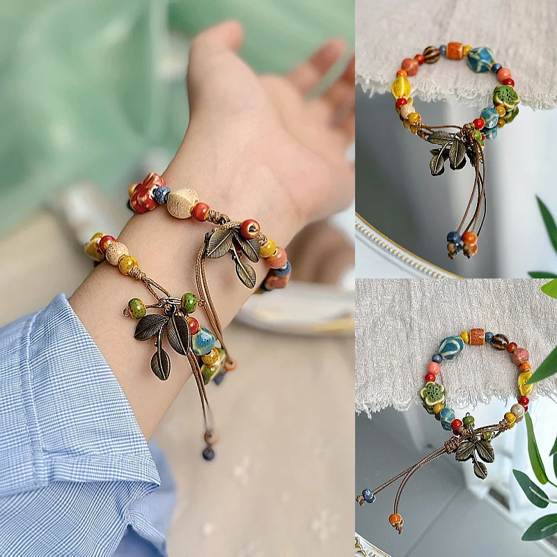 Premium Jingdezhen Ceramic Floral Bracelet Porcelain Beads Handmade Bracelets Fashion Jewelry Gift for Ladies Girls Couples