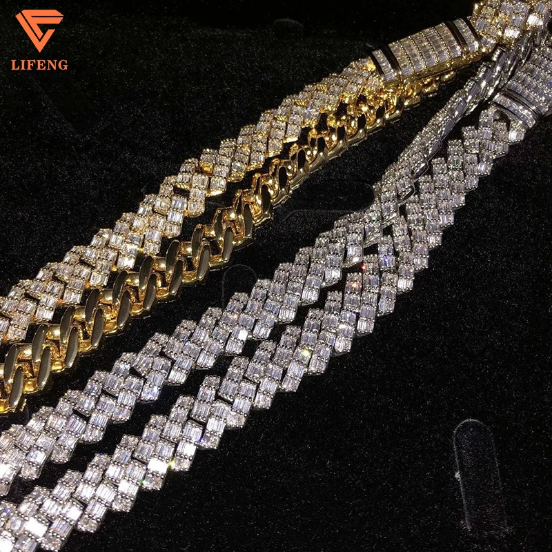 15MM Iced Out Miami Cuban Chain Necklace Baguette Diamonds VVS Moissanite 925 Sterling Silver Hiphop Men Cuban Link Chain